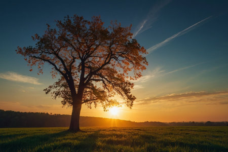 Beautiful autumn landscape with old oak tree on meadow at sunsetの素材