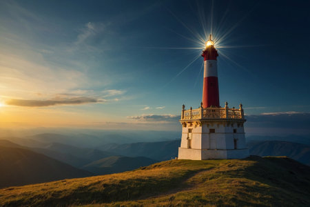 Lighthouse on the top of the mountain at sunset. Tatra Mountains, Polandの素材