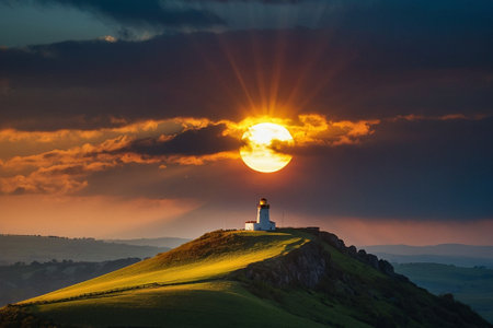 Lighthouse on the top of a mountain in the rays of the setting sunの素材