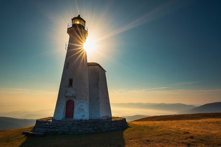 Lighthouse at sunset in the Carpathian mountains, Ukraine.の素材