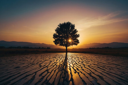 Lonely tree in the rice field at sunset, Thailand.の素材