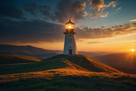 Lighthouse at sunset in the Carpathian Mountains, Ukraine.の素材