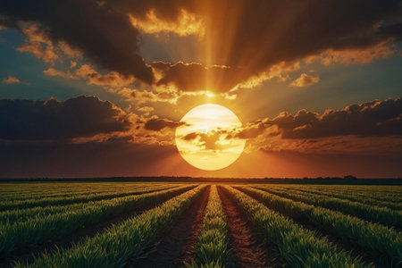 Sunset over a green agricultural field. Dramatic sky. Sunset scene.の素材
