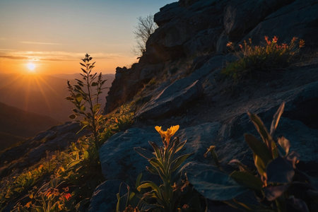 Sunset in the mountains with a yellow flower in the foreground.の素材