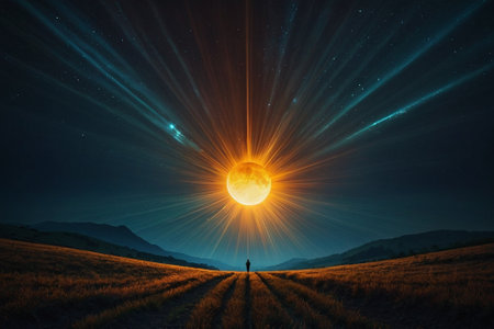 Man standing on the road in the field and looking at the sunの素材