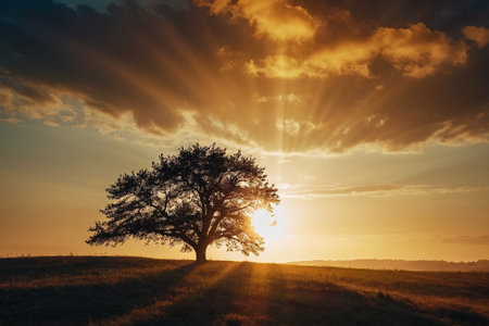 Lonely tree at sunset. Beautiful landscape with lonely tree.の素材