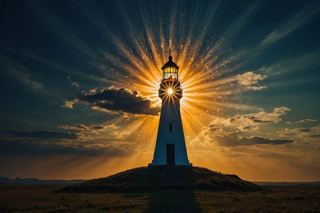 Lighthouse at sunset with rays of light in the sky and cloudsの素材