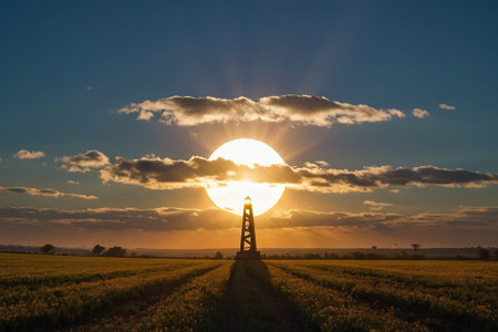 Sunset over a field of corn with a lighthouse in the backgroundの素材
