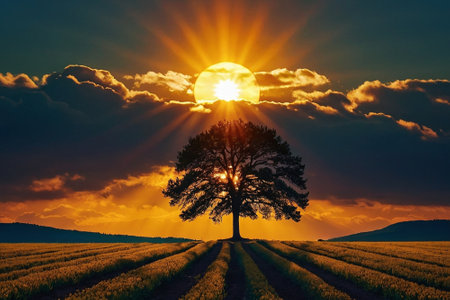 Lonely tree on the field at sunset. Nature composition.の素材