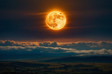 Full moon in the night sky with clouds and sunbeams.の素材