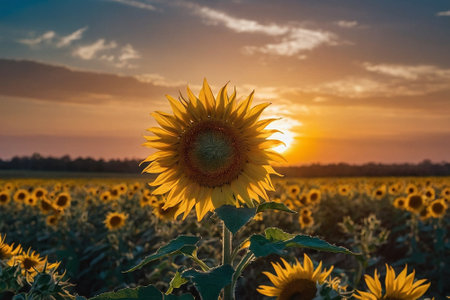 Sunflower field at sunset with beautiful cloudy sky. Sunflower blooming.の素材