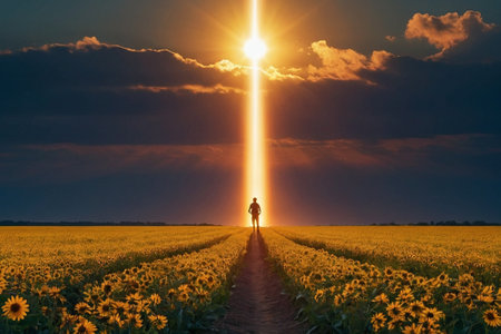 Sunflower field with a man standing in front of the sun raysの素材