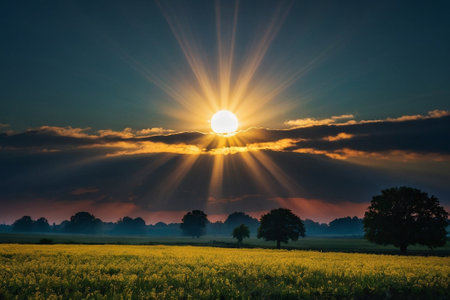 Sunset over a field of yellow rapeseed on a background of blue skyの素材