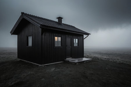 3D rendering of a wooden house in the middle of the fogの素材