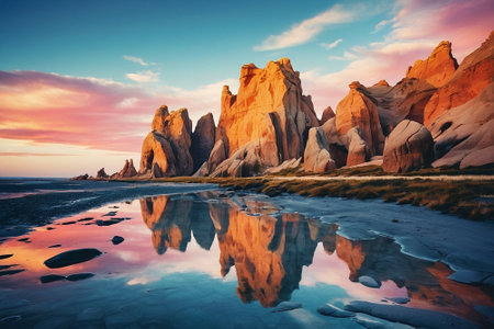 Fairy Tale rock formation at sunrise, Cappadocia, Turkeyの素材
