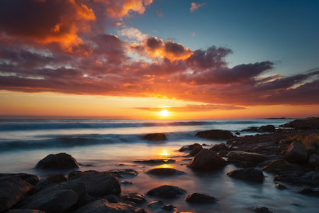 Beautiful seascape at sunset. Dramatic sky, long exposure.の素材