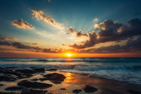 Beautiful sunrise over the sea. Colorful sunset over the sea.の素材