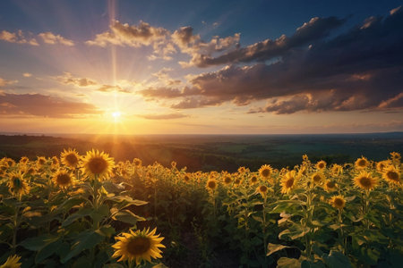 Sunset over sunflowers field. Beautiful summer landscape with sunflowers.の素材