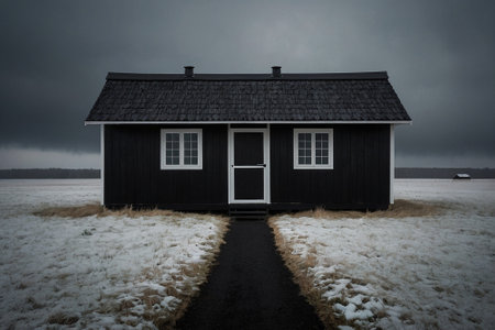 Black wooden house on a snowy field in winter, Iceland, Europeの素材