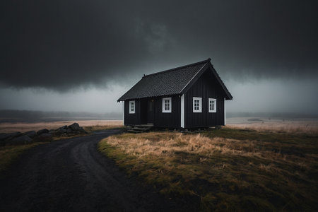 Wooden house on a foggy day in Iceland, Europe.の素材