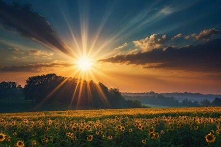 Sunset over sunflowers field in the countryside. Rural landscape.の素材