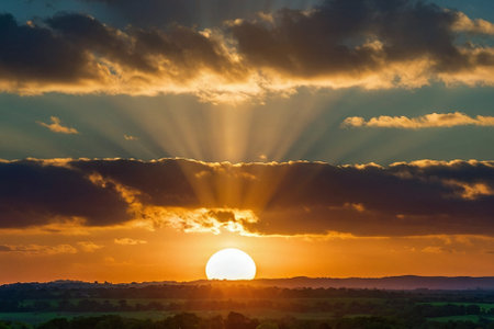 Sunset over the meadow in the countryside with clouds and sun raysの素材