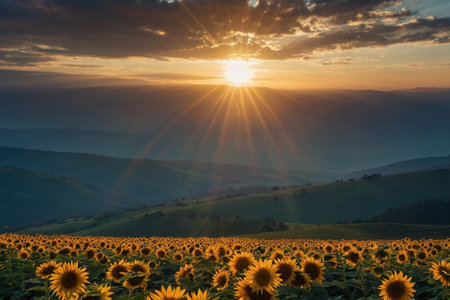 Sunset over sunflower field in Tuscany, Italy.の素材
