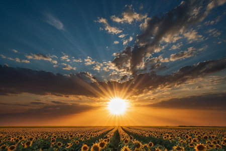 Sunset over sunflower field with rays of light coming through the cloudsの素材