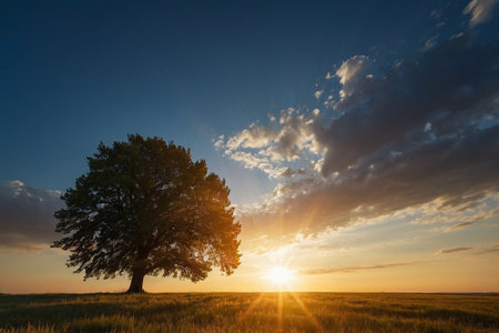 Lonely tree in the field at sunset. Beautiful summer landscape.