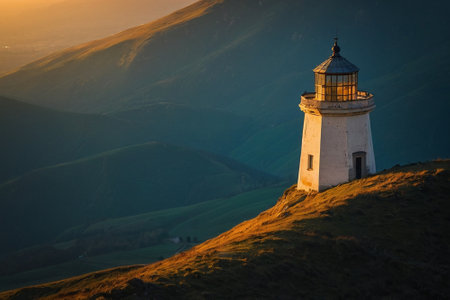 Lighthouse at sunset in the Carpathian Mountains, Ukraine.の素材