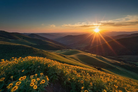 Sunset over sunflower field in Carpathian mountains, Ukraineの素材