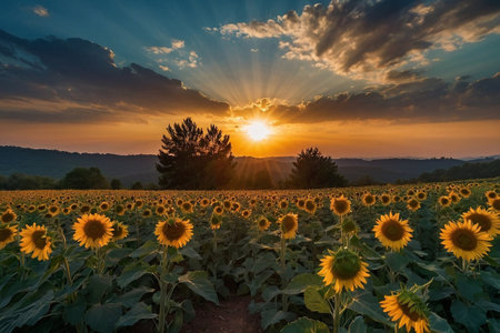 Sunset over sunflower field in Tuscany, Italy.の素材
