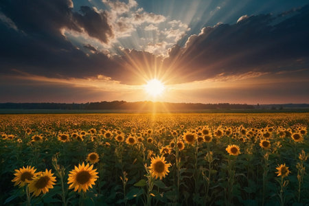 Sunset over sunflowers field. Beautiful landscape with sunflowers.の素材