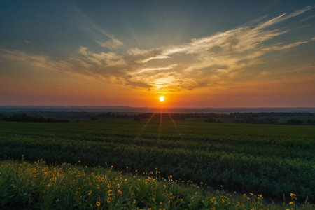 Sunset over a field of sunflowers in the countryside.の素材