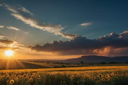 Sunset over sunflower field. Dramatic sky. Beauty world.の素材