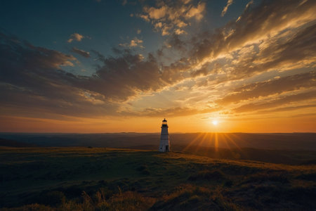 Sunset at the Lighthouse in Northumberland, England.の素材