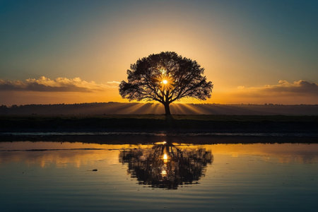 Sunset over a lonely tree reflected in the water with a reflection in the waterの素材