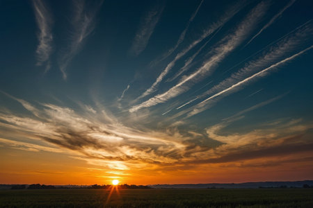 Sunset over the field with clouds in the sky. Russia.の素材