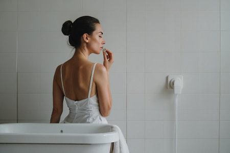 Portrait of a beautiful young woman in a white towel in the bathroomの素材