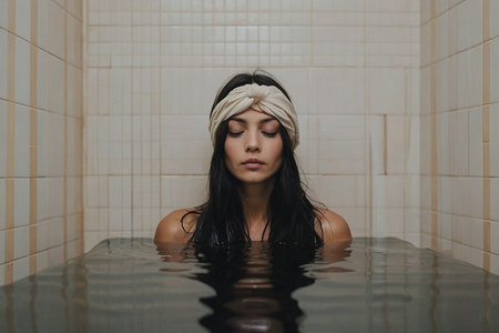 beautiful young woman relaxing in the hot tub with turban on her headの素材