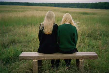 Two girls sitting on a bench in the field and looking at each otherの素材