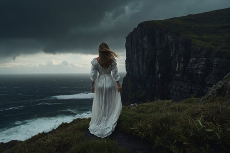 Young woman in a long white dress is standing on the edge of a cliff and looking at the oceanの素材