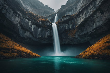 Waterfall in the mountains of New Zealand. Long exposure shot.の素材