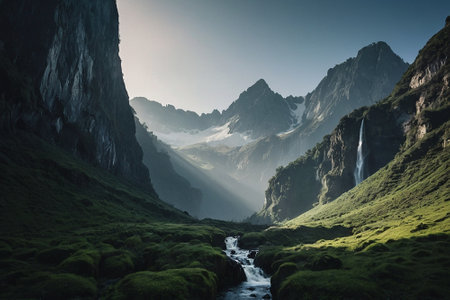 Beautiful mountain landscape with a waterfall and a foggy valley.の素材