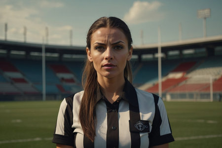 Portrait of serious female referee looking at camera while standing at stadiumの素材