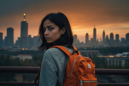 Beautiful asian woman traveler with orange backpack in the city at sunsetの素材