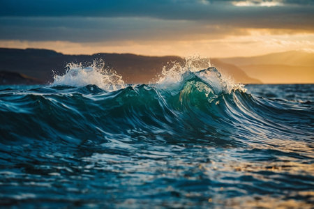 Beautiful view of the ocean wave at sunset. Beautiful natural background.の素材