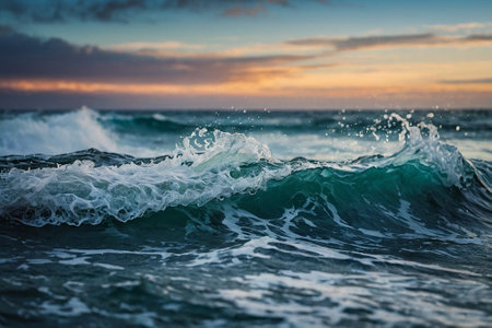 Beautiful seascape with stormy sea waves at sunset.の素材