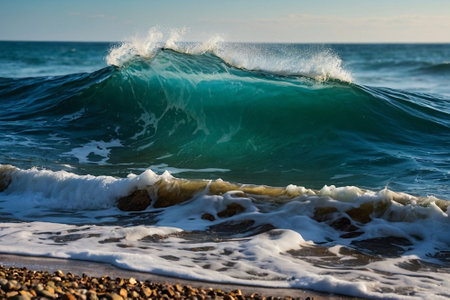 Ocean wave breaking on pebble beach in sunny day. beautiful natural backgroundの素材