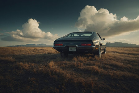 Abandoned car in the steppe at sunset. Retro styleの素材